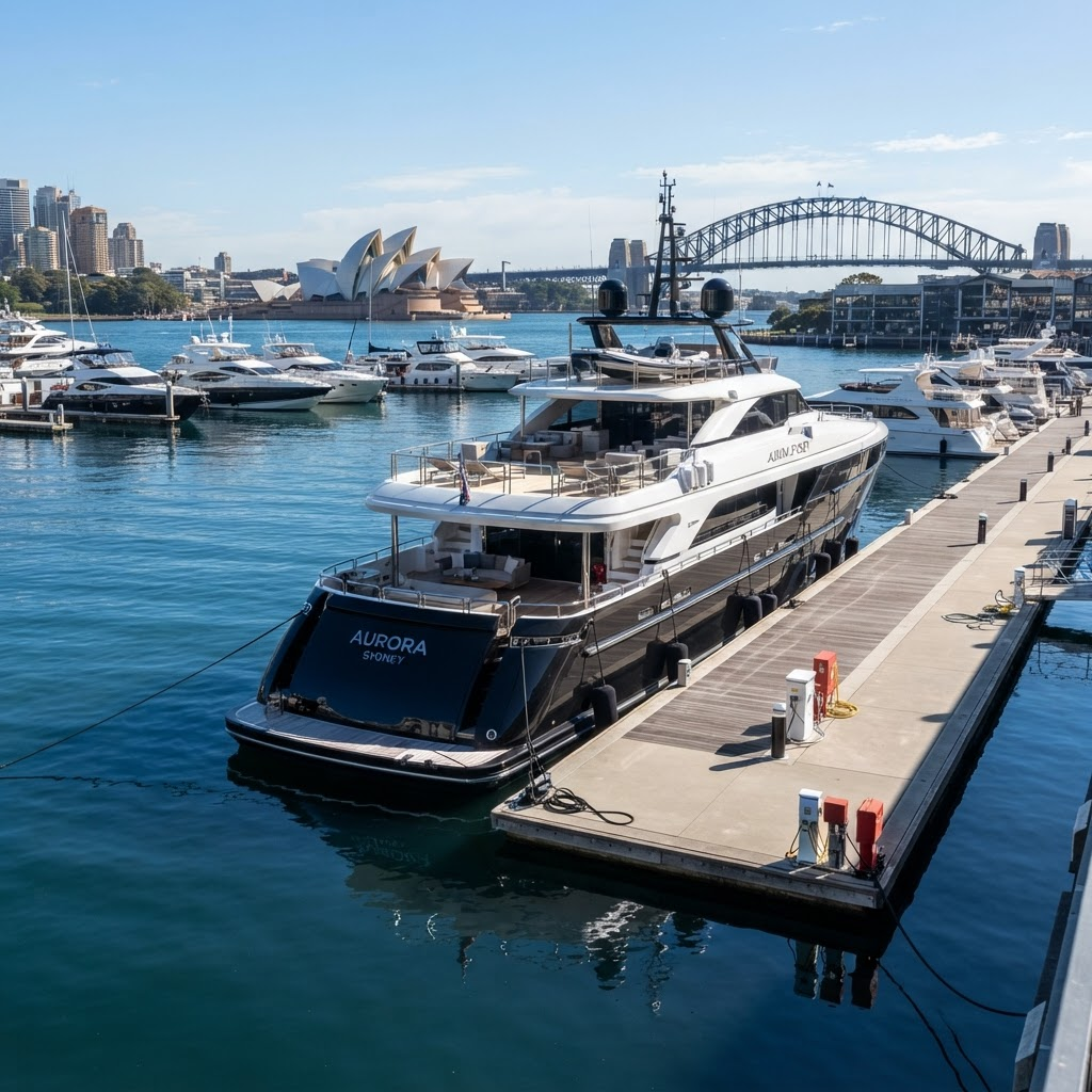 Luxury charter vessel moored at a premium Sydney marina