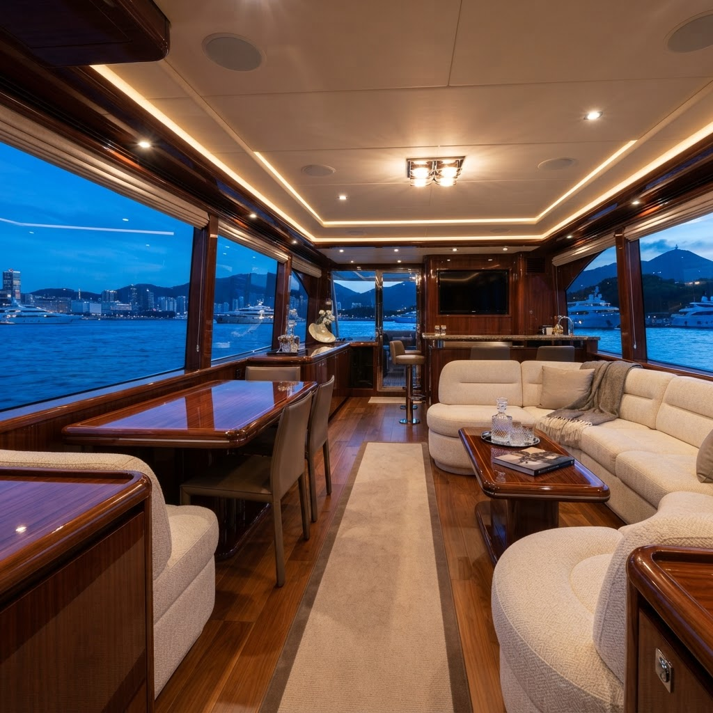 Premium charter boat interior with panoramic harbour views